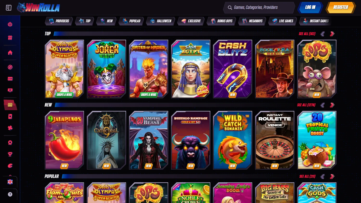 Winrolla Casino games interface on desktop