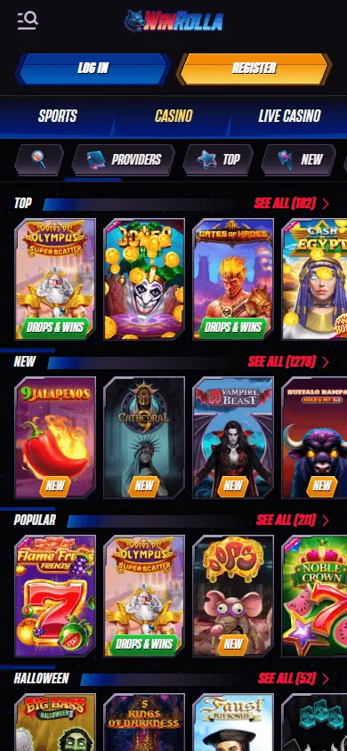 Winrolla Casino games interface on a mobile device