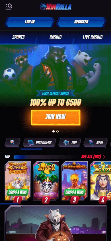 Winrolla Casino home interface on a mobile device