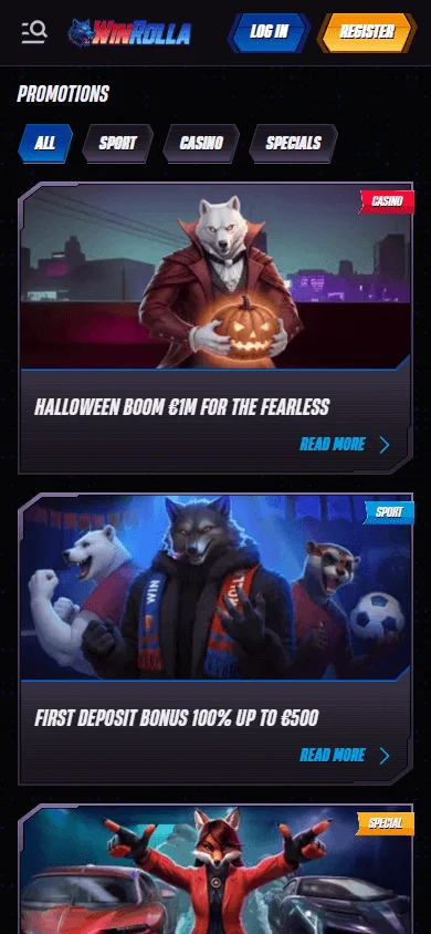 Winrolla Casino promotions interface on a mobile device