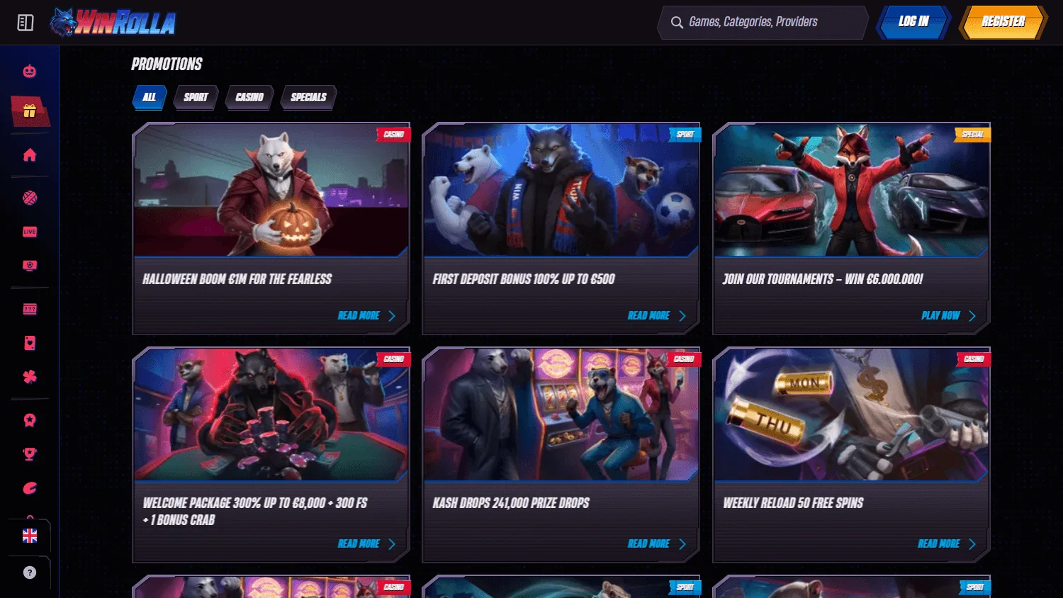 Winrolla Casino promotions interface on desktop
